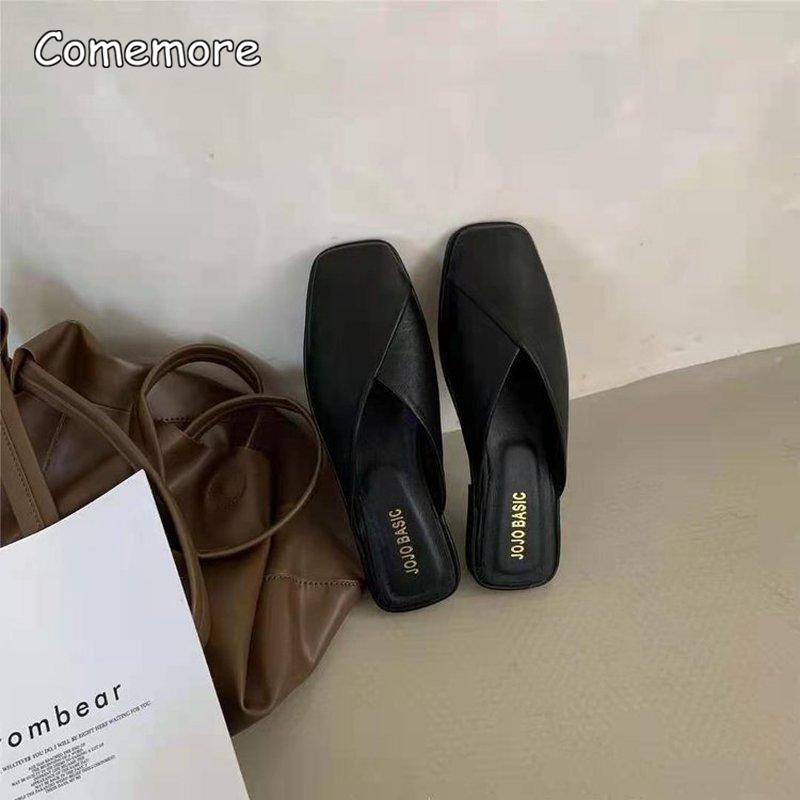 Fashion Comemore Fashion Slip On Mules Big Size 43 Flat Slippers 2025 Summer Women Flat Casual Outdoor Square Toe Shoes Ladies Slippers