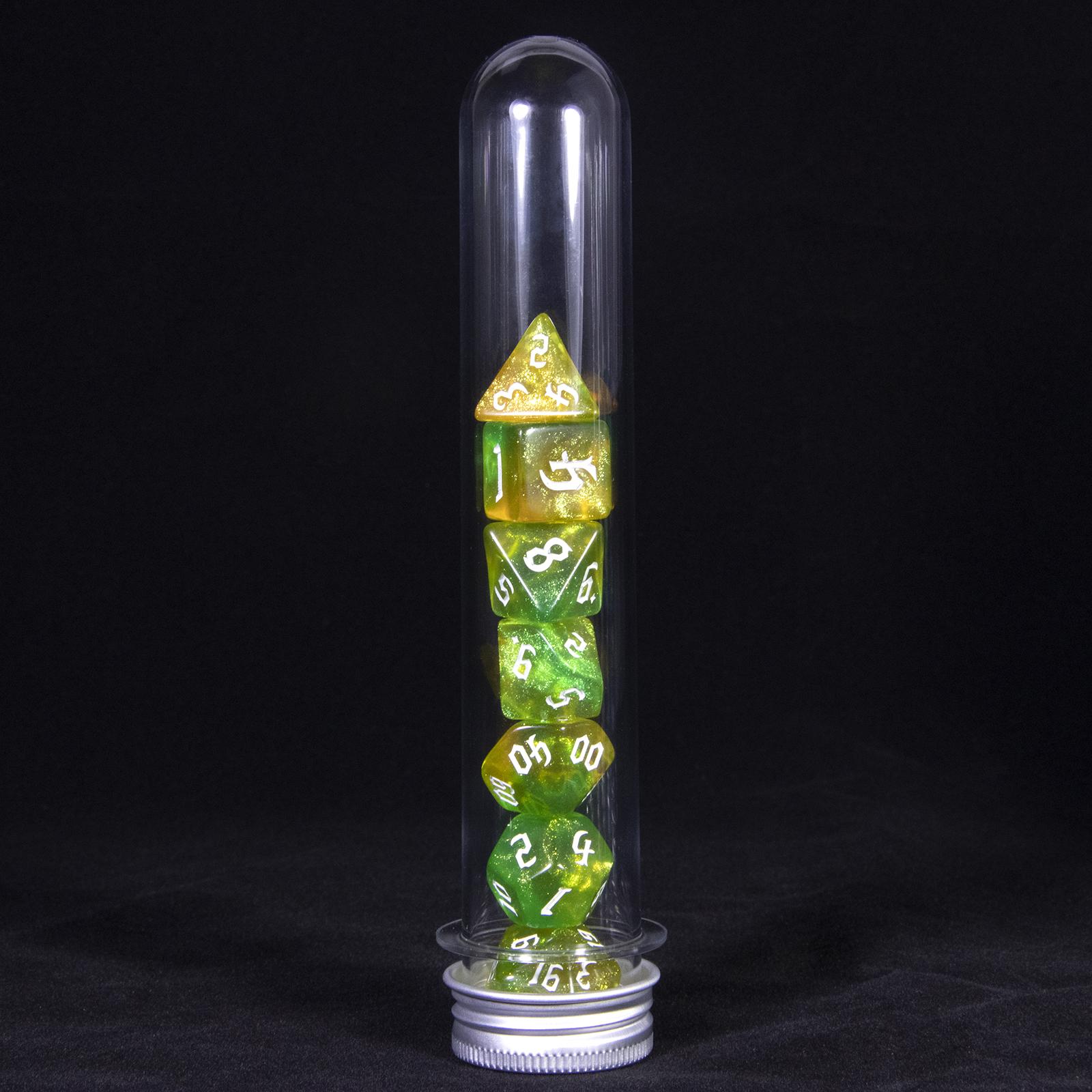 

Набор из 7 блестящих многогранных игральных костей DND, настольная игра, ролевая игра, многогранный цифровой набор игральных костей, забавные аксессуары для настольных игр, с тубусом