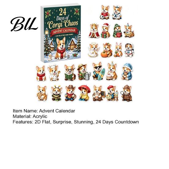 Interactive Unboxing Games 2026 Corgi Christmas Advent Calendar, 24 Days Acrylic Dog Ornaments Countdown 2D Festive Decoration for Kids Holiday