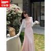 French Design Pink Three-dimensional Flower Suspender Dress Women's Summer New Waist and Thin Holiday Long Skirt
