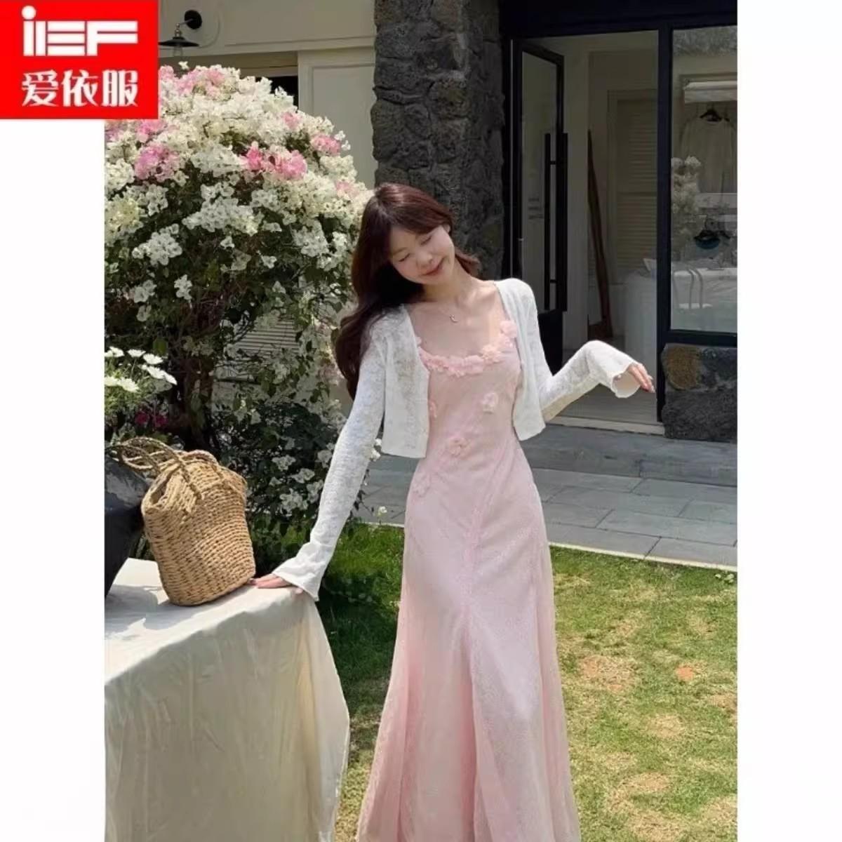 French design pink three-dimensional flower suspender dress women s summer new waist and thin holiday long skirt S