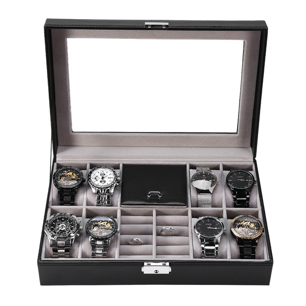 Multi Functional 8 Slots 2 Grids Watch Display Case Ring Jewelry Storage Box Organizer