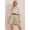 Women's Beige Straw Knit Belted Gabardine Shorts Alc-x10271