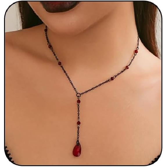 Gothic Red Black Necklace for Women,Goth Choker Vampire Blood Drop Necklace,Punk Black Red Crystal Bead Dark Teardrop Y Necklaces Halloween Jewelry