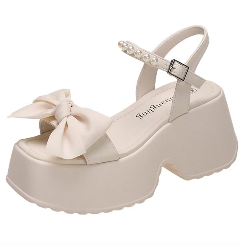 Korean Version Bowknot Margarite Thick Bottom Roman Sandals 2024 New Fashion Casual All-match Solid Color Heels Women Summertime