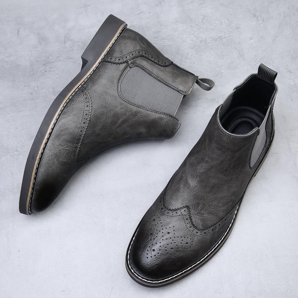 Chelsea Boots Men's British Style Carved Short Boots Soft Leather Retro High-top Men's Leather Boots Autumn and Winter Velvet Martin Boots