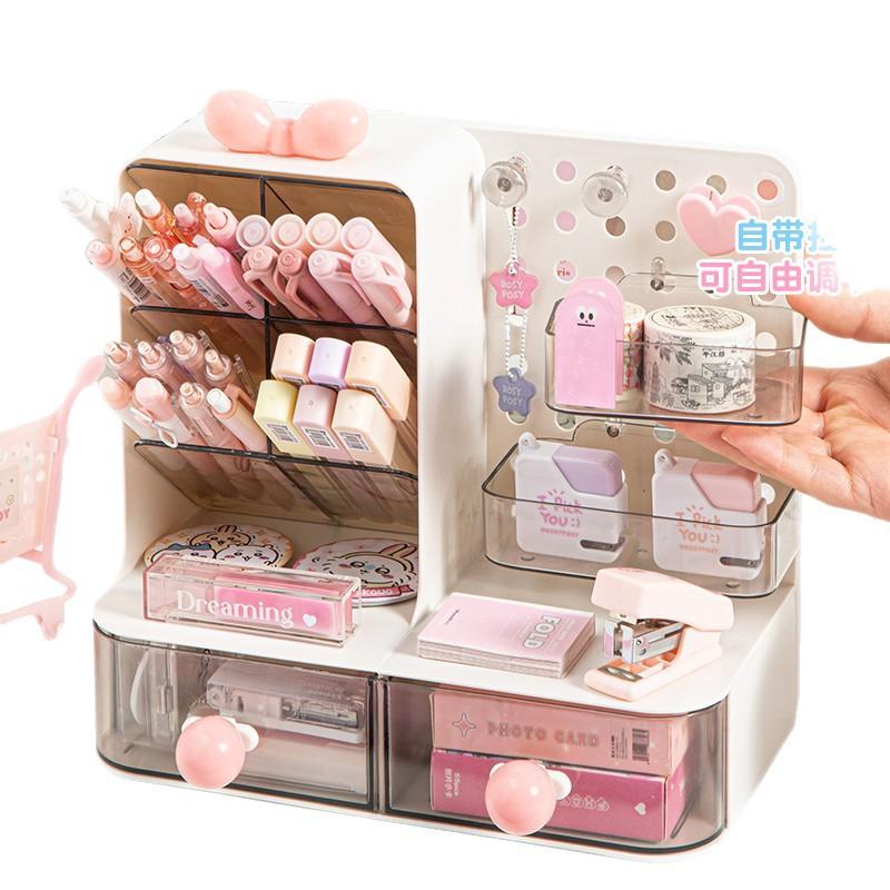 Multifunctional desktop storage box diagonally inserted pen holder hole plate drawer three-in-one student stationery finishing box