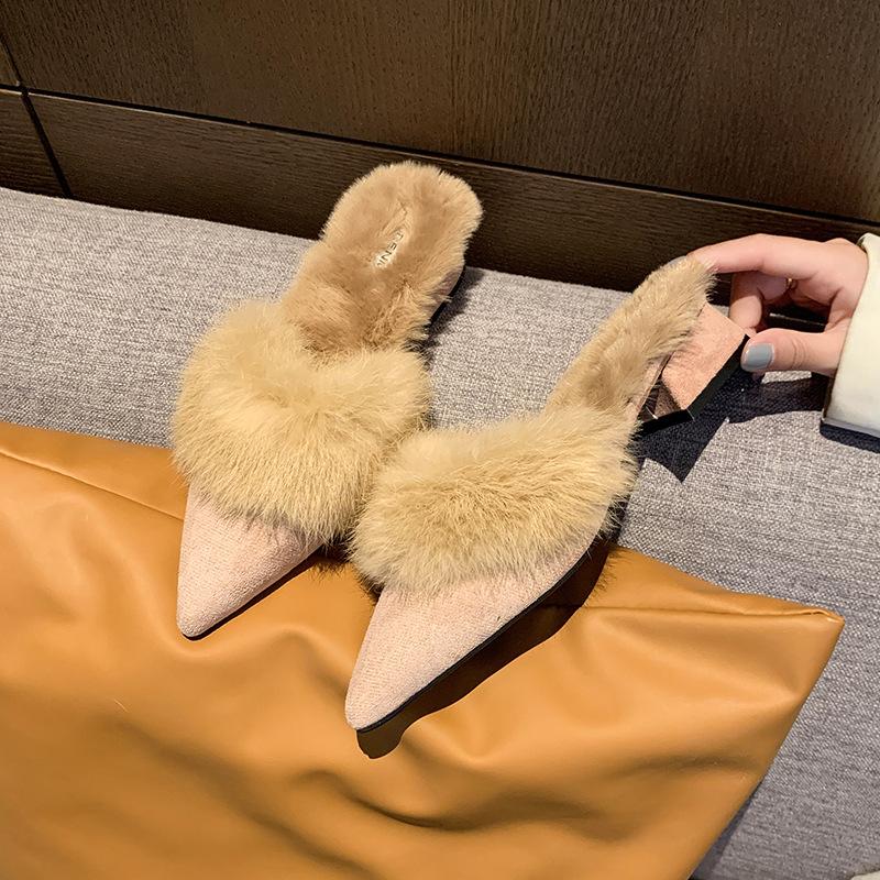 French pointed toe fluffy slippers women's outer wear 2025 new autumn and winter evening wind piled thick heel cotton slippers