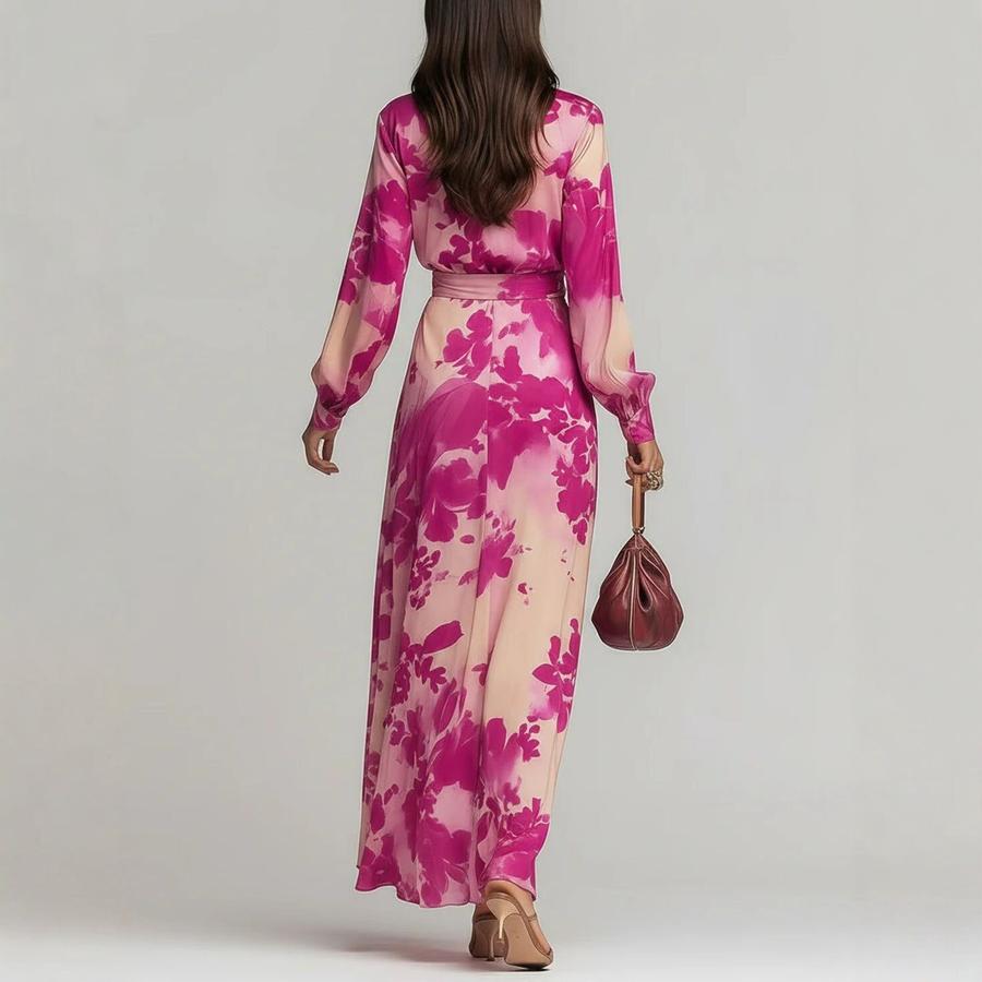 Robe Maxi Chiffon Légère Florale Coupe-Vent Manches Longues Col en V à Nouer Élégant Tempérament Nouveau Style Printemps