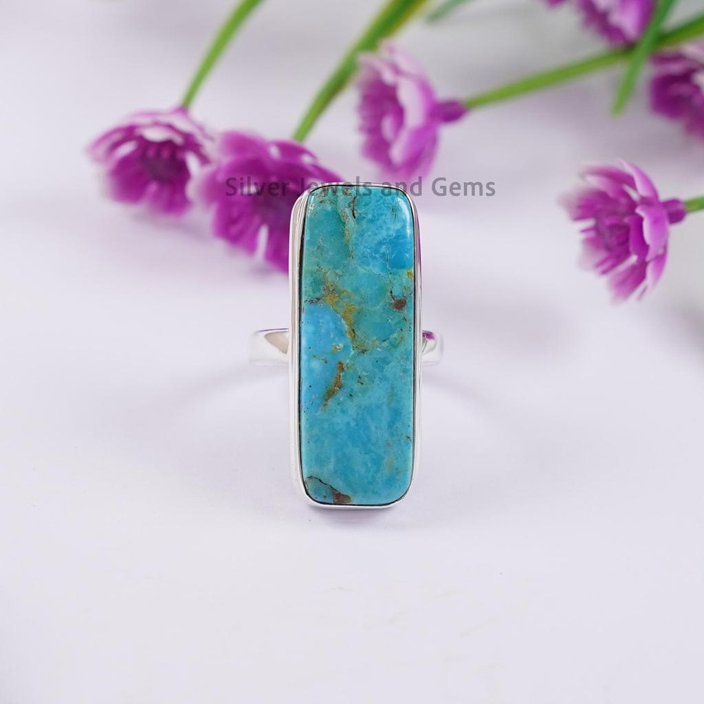 Natural Arizona Turquoise Long Ring, 925 Sterling Silver Ring, Rectangle Turquoise Ring, Handmade Ring, Gift for Women, Gemstone Ring