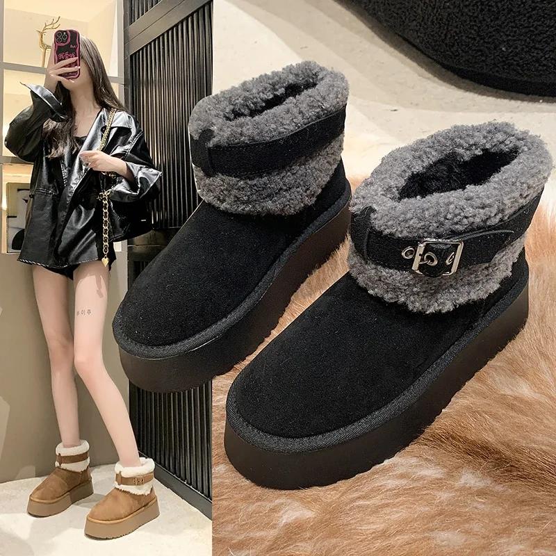 Modă 2024 Pantofi Dama Modă Mânecă Cizme Dama Iarna Vârf Rotund Solid Pluș Fleece pentru Căldură Platformă Butuc Scurt Cizme de Zăpadă