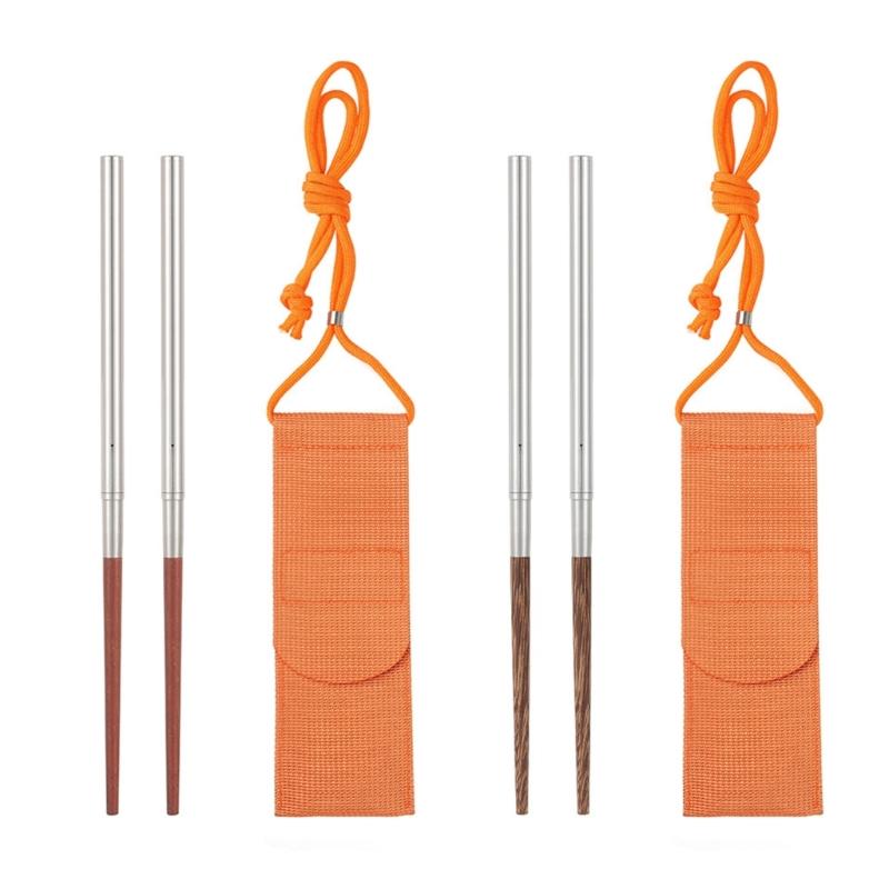 Reusable Folded Chopsticks Portables Stainless Steel Wood Natural Chopsticks for Camping and Picnics