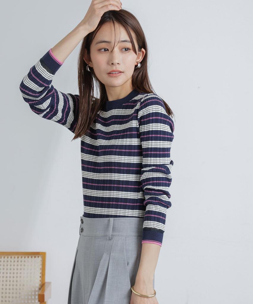 Nano Universe Random Rib Border Knit Top be paired with other Medium Navy (Can items)