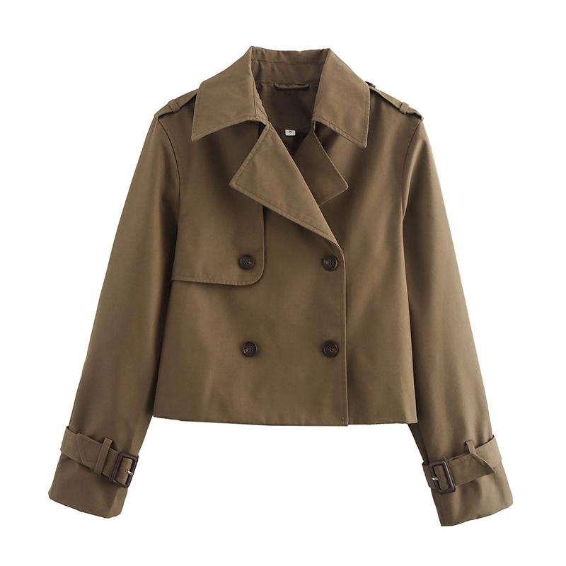 YENKYE Nieuwe Herfst Dames Effen Cropped Trenchcoat Vintage Dubbelrijig Lange Mouwen Korte Jas Reverskraag Windjack