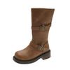 Autumn New Mid-Tube Boots Fashion Round Toe Sleeve Metal Buckle Platform Non-Slip Block Heel Single Shoes