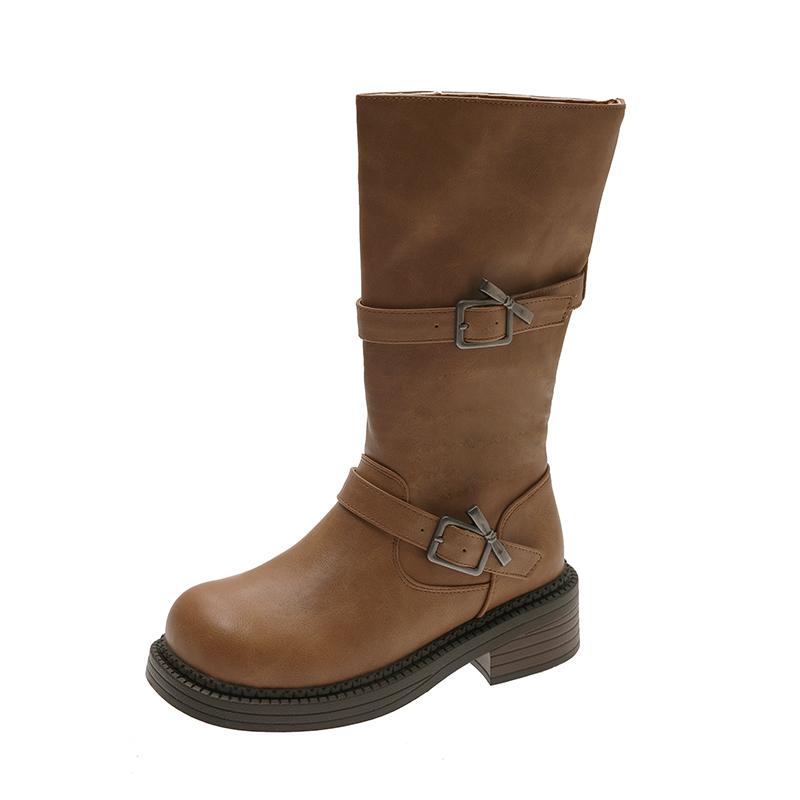 Autumn New Mid-Tube Boots Fashion Round Toe Sleeve Metal Buckle Platform Non-Slip Block Heel Single Shoes