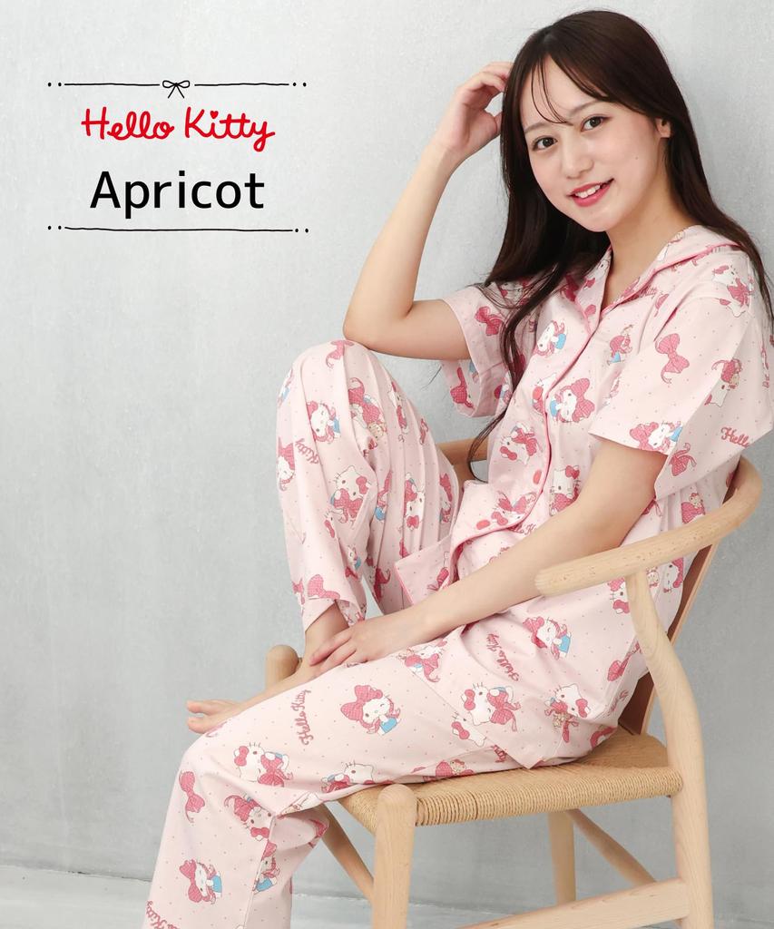 SAZAC Hello Kitty Shirt Cotton Short Sleeve and Long Pants Ribbon Hello Kitty Pajamas, 100% Broadcloth, Women's Set, Loungewear, (Apricot/M/SAN1799)