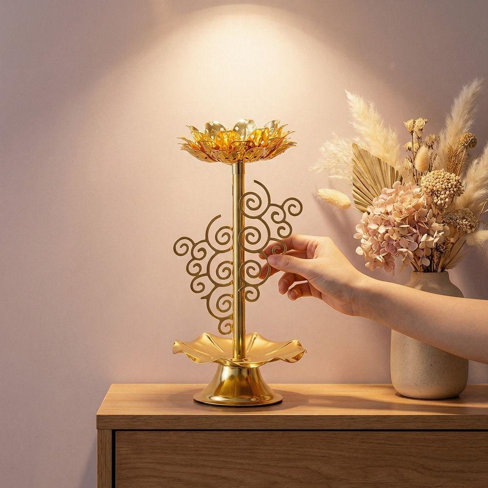 Zinc Zinc Alloy Lotus Candlestick Exquisite Gold Candle Holder Butter Lamp Holder  Table Centerpiece