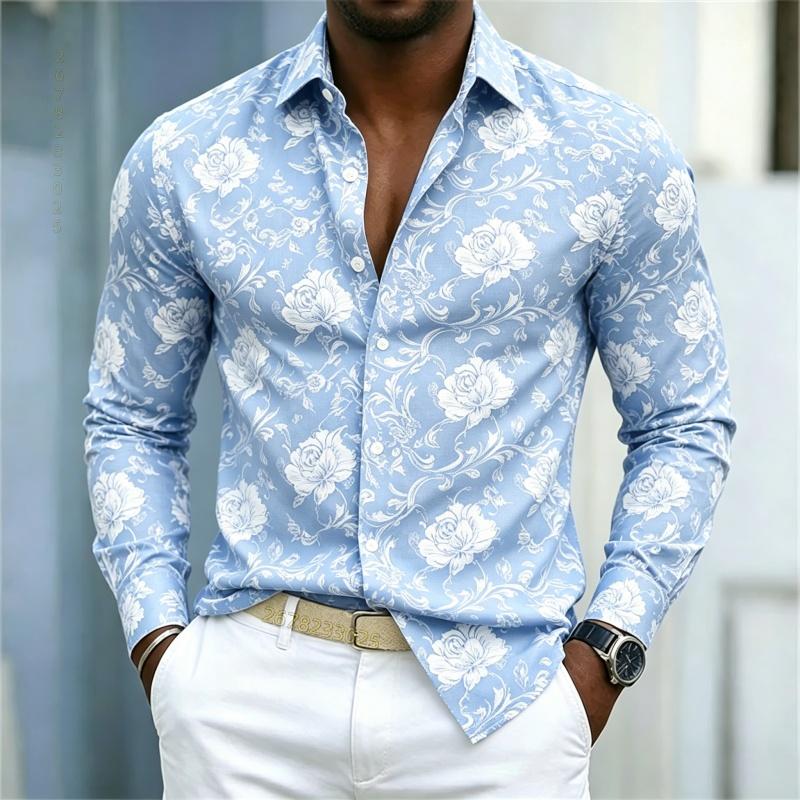 2026 Nuova Camicia da Uomo Stile Europeo e Americano Camicia Floreale Rosa Rossa Uomo Slim Fit Manica Lunga Stile Casual da Vacanza