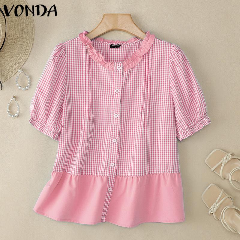 

VONDA Летняя женская блузка с пышными рукавами, пэчворк, в клетку, с нашивками 5XL розовый