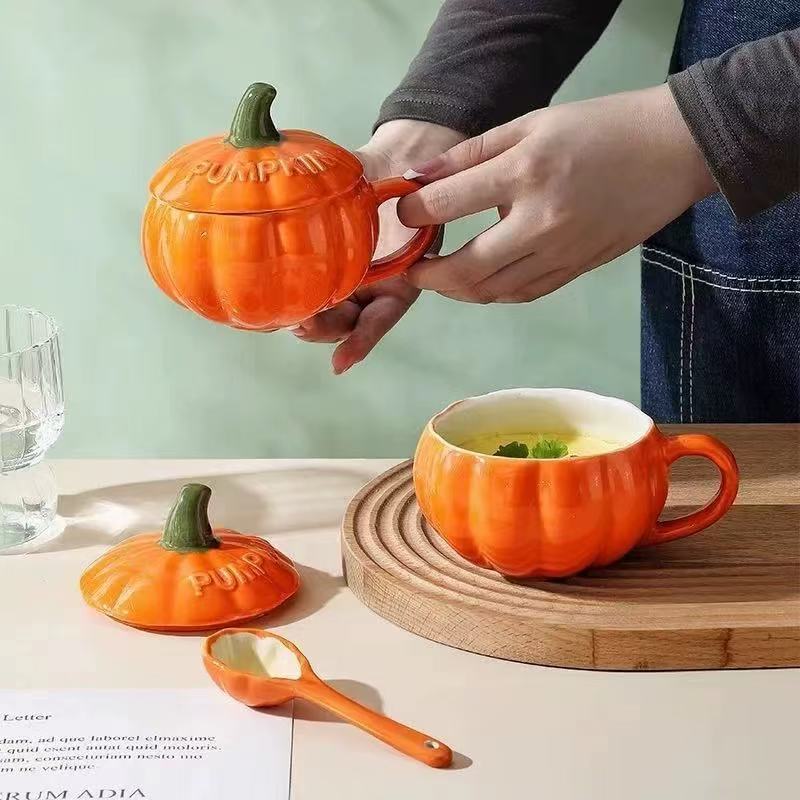 Ceramic Pumpkin Shaped Mug Cute High Appearance Cup with Lid for Milk Coffee Tea Orange 400ml