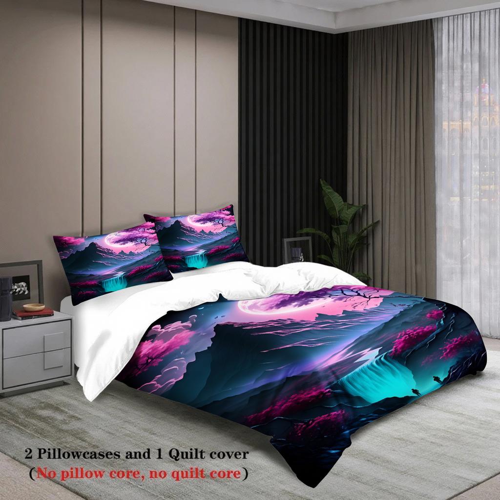 Vibrant Dreamy Mountain Bedding Set Full Purple Cherry Blossoms Comforter Cover Waterfall Moon Duvet Cover Queen King Size