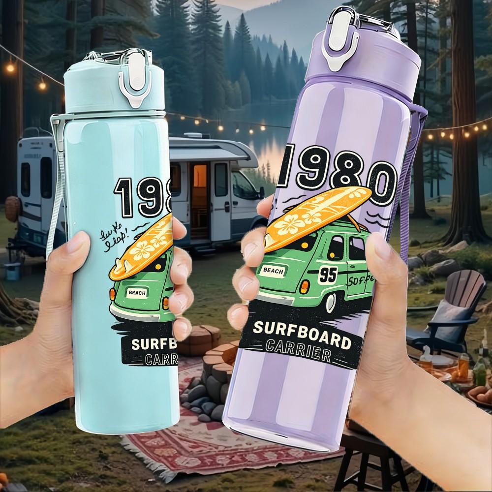 1PC 1980 Retro Camper Van Vintage Print 750ml Color Plastic Sports Water Bottle Leakproof Flip Straw Lid Suitable for Sports Office Home Use