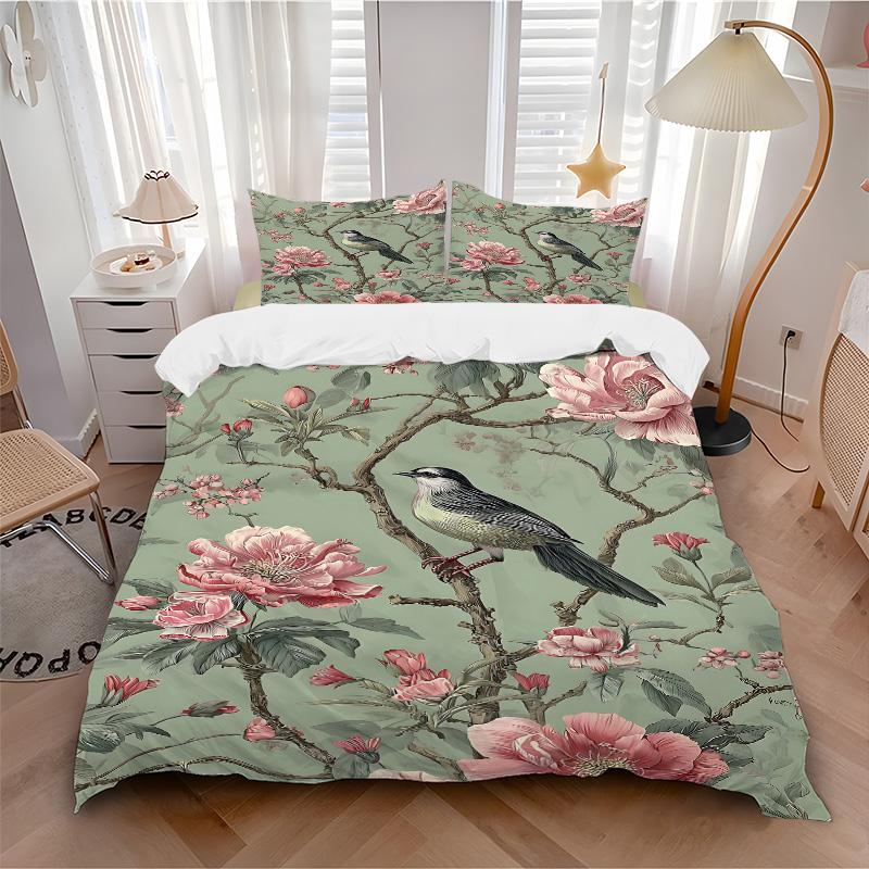 Bird Amidst Floral Branches Print 3Pcs Bedding Setduvet Cover With 2 Bedropillowcase Home Birthday Gift