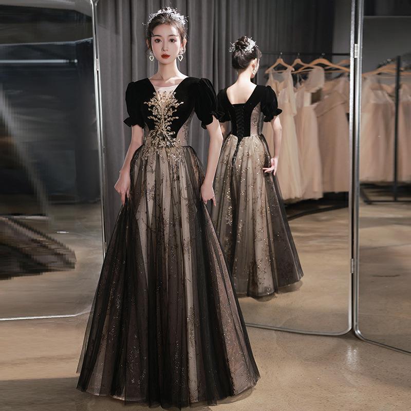 Black Evening Dress Light Luxury Niche Annual Meeting French Hepburn Style Princess Dress Host Adult Art Examination Chorus Performance Dress