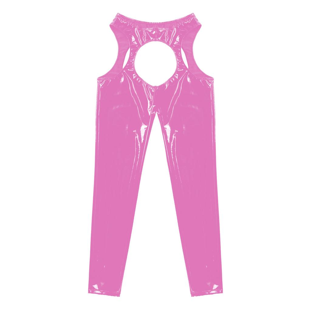 Womens Wet Look High Waist Cutout Leggings Crotchless Open Butt Patent Leather Skinny Pants Clubwear