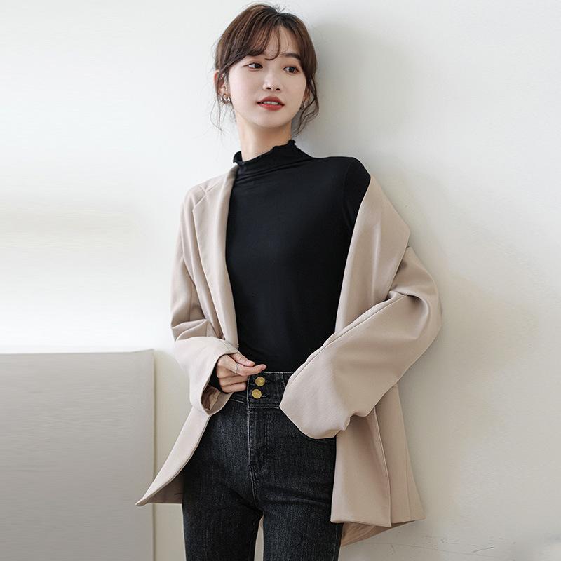 

Spring and Autumn New Semi-turtleneck Bottoming Shirt T-shirt Women s Long-sleeved Winter Korean Version Thin Middle Collar Inside XL абрикосовий