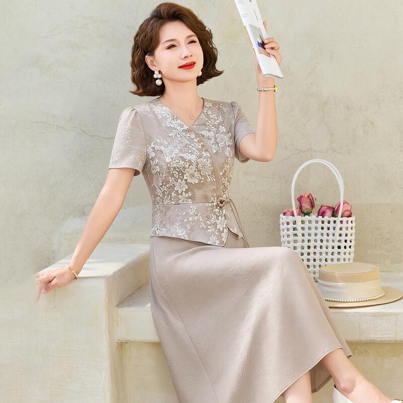 Elegant Floral V-Neck Fake Two-Piece Midi Dress EU 38 хаки