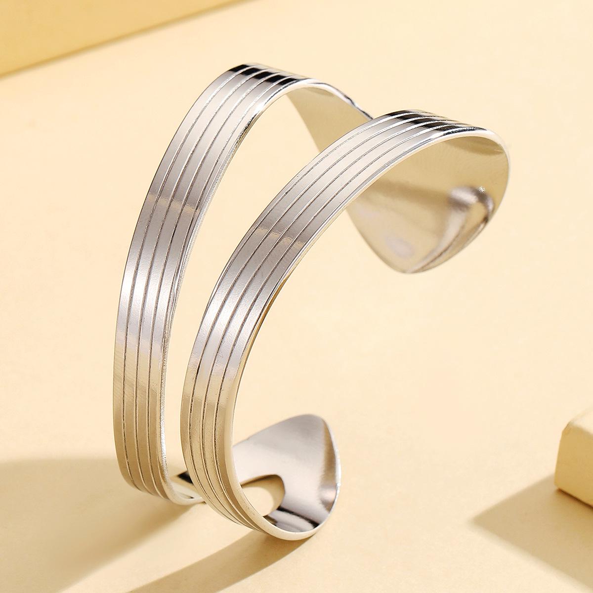 Exaggerated Asymmetrical Wide Double Row Gold-Plated Stainless Steel Bracelet