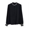 Women's Spring Autumn Blouse Stylish Black Chiffon Chinese Style Shirt with Long Sleeves and A Stand-up Collar