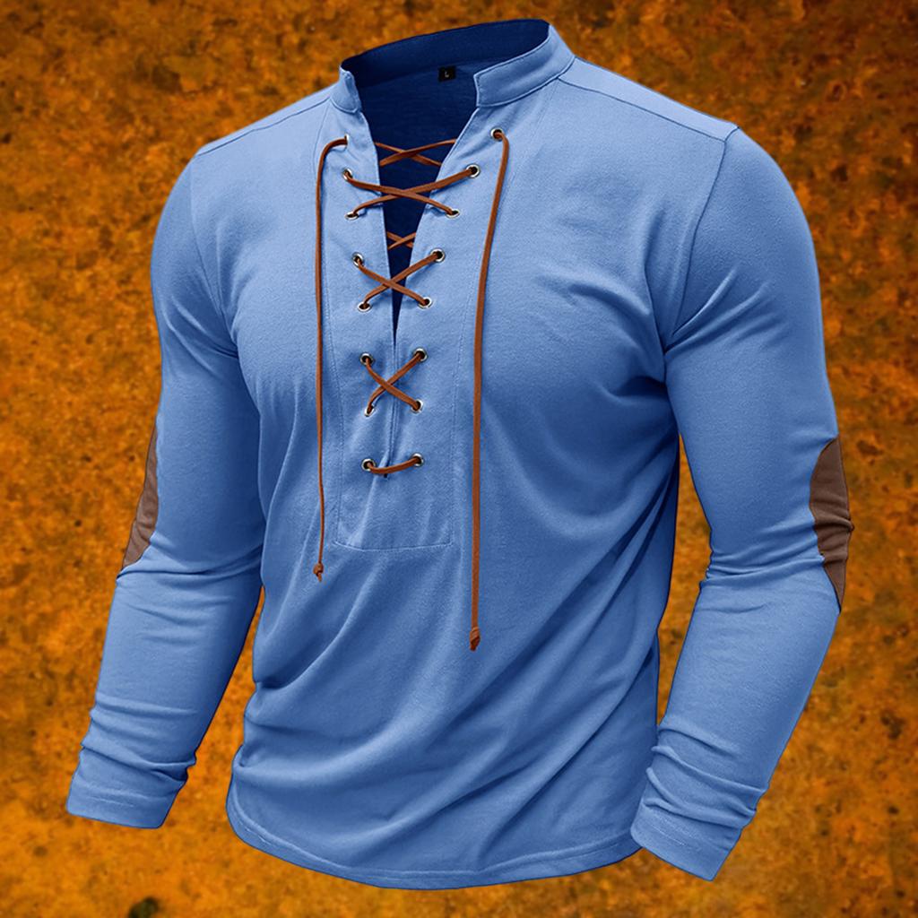 Men's Vintage Outdoor Sports Long Sleeve Top Lace-Up Stand Collar Shirt