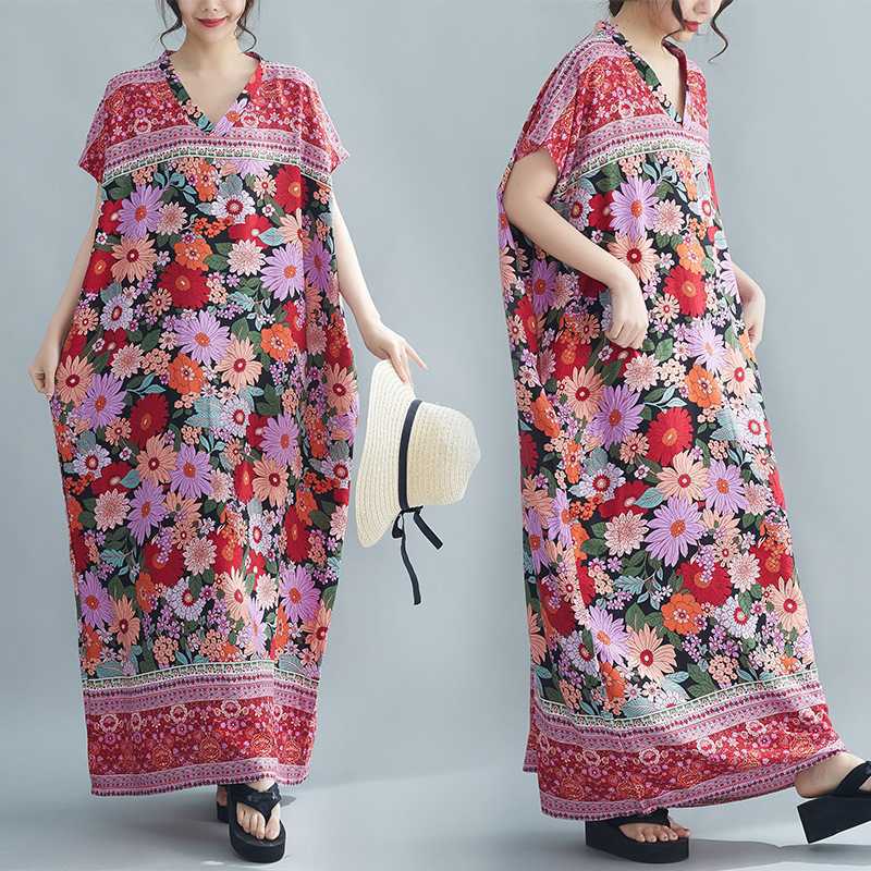 Women's Summer Boho V-Neck Maxi Dress C Flowy Vintage Print Rayon Caftan, Loose Fit Beach Cover-Up