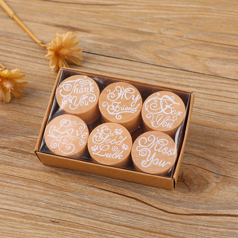 6pcs/box Round Wooden Retro Pattern Lace Seal Valentine's Day Blessings Series Handbook Photo Album Diary Seal Assorted Stamp