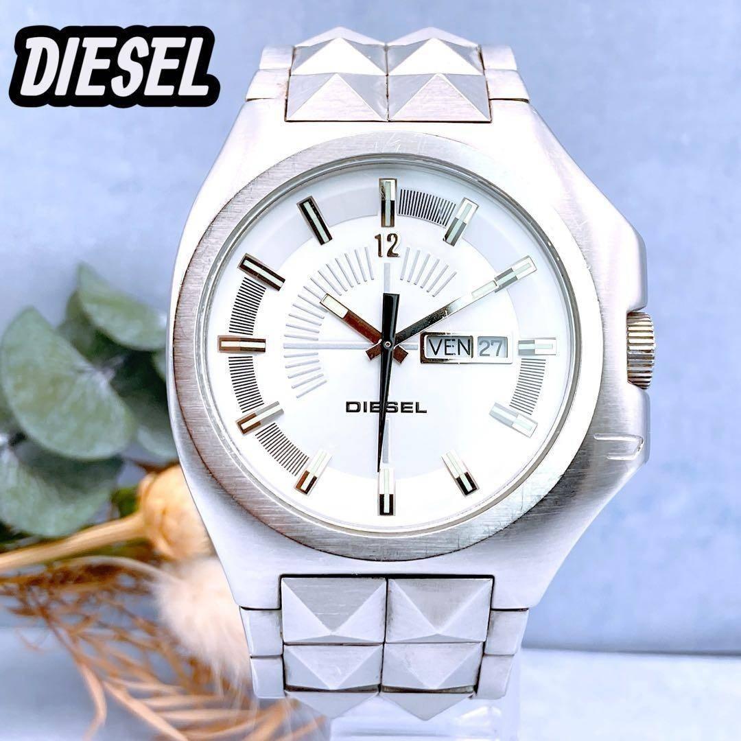 Used Working item DIESEL Diesel Silver Day Date Men s Watch Studded Stainless Steel White 3 Hands
