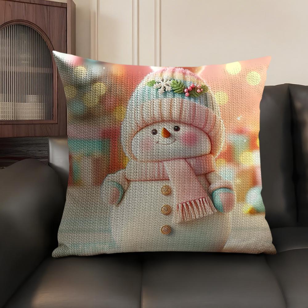 Cute Cartoon Winter Snowman Cushion Cover Natural Linen Organic Fabric DoubleSided Printing Sofa Home Decor Gift Pillow Case