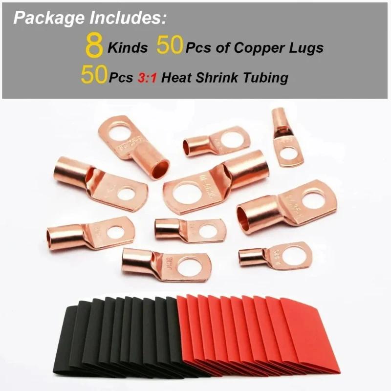 60/100/220pcs Copper Terminal Connectors, AWG 4 6 8 10 12 Ring Lug Kit With Shrink Tubing 50 Battery Cable Lugs With Shrink