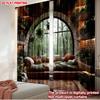 2pcs Arch Window Forest View Curtains 2D Flat Digital Printing   Cozy Indoor Scene with Sofa Pillows & Plants Single Layer Decor