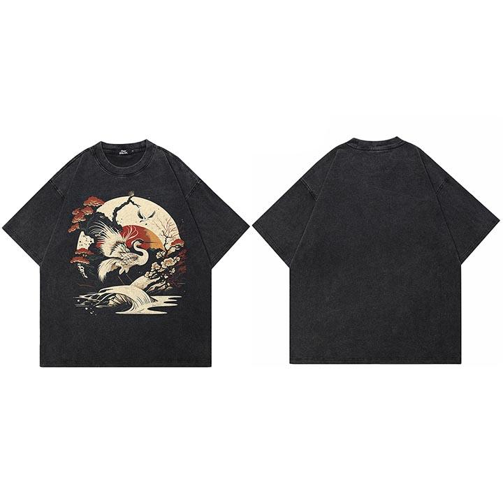 Retro Streetwear Men TShirt Hip Hop Oversized Sun Crane Graphic T Shirt Cotton Japanese Harajuku Tshirt Unisex Tops Tees S