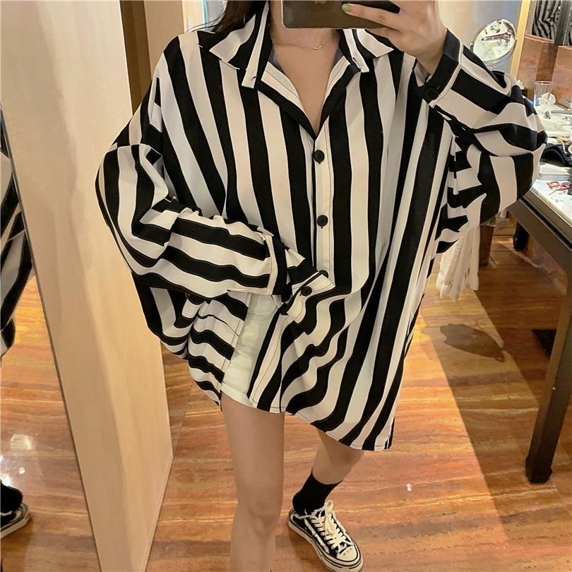 2023 Spring Korean Striped Women's Loose Long Sleeve Mid-length Shirt Jacket