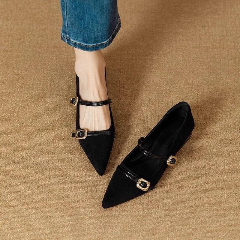 New Pointed-toe Shoes, Stylish and Elegant, One-button Single Shoes for Women with Flat Bottoms