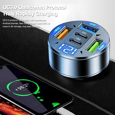 Carregador de carro 250 W com 5 portas, carregamento rápido PD QC3.0 USB C, adaptador para carregador de celular com voltagem para iPhone, Samsung, Huawei e Xiaomi