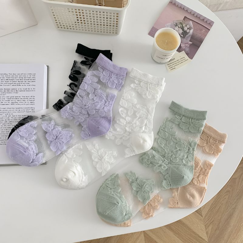 Women'S Socks Spring Summer Thin Cotton Socks Lace Flower Silk Fairy Stockings Hollowed Out Breathable Fashion Socks S