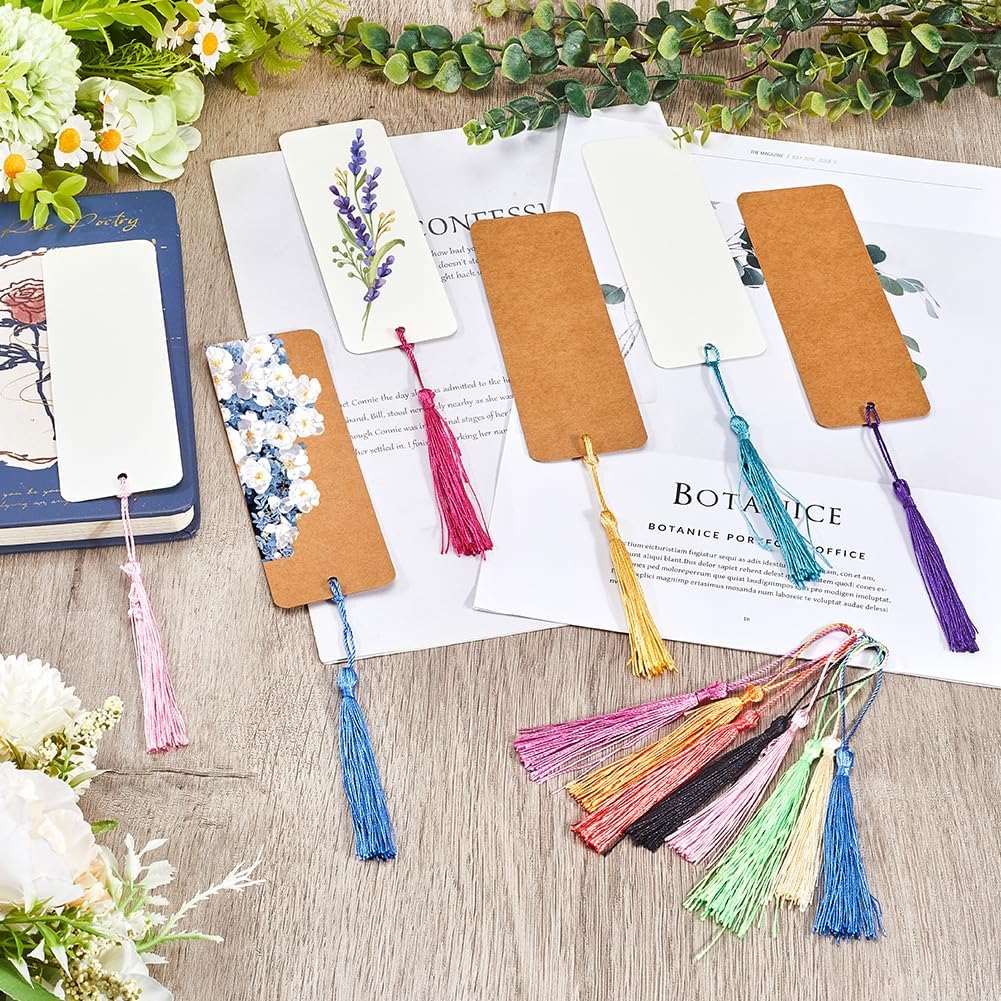 120Pcs 5.5 X 2In Kraft Paper Blank Bookmarks Cardstock Brown White Book Marks with 60Pcs Tassels Hanging Gift Tags Bookmark Making Kits for DIY Craft