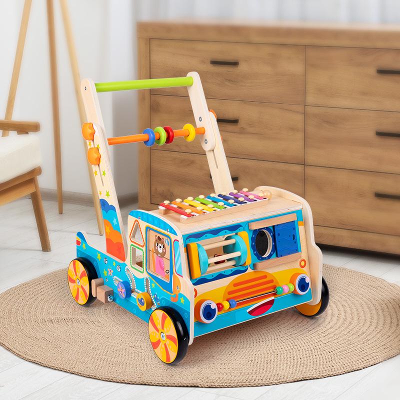 Baby Wooden Push Walker with Building Blocks, Xylophone, Puzzle, and Matching Toys