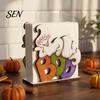 Decorative Wood Tissue Stand Halloween Napkin Holder, Vintage Rustic Dispenser Organizer, Spooky Ghost Playful Holiday Gift for Home Black Cat