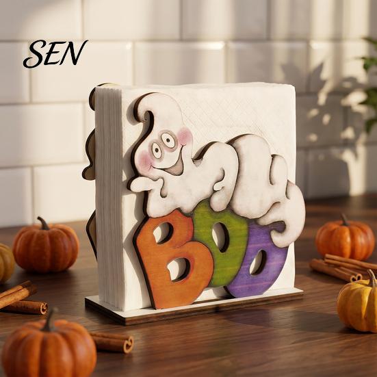 Decorative Wood Tissue Stand Halloween Napkin Holder, Vintage Rustic Dispenser Organizer, Spooky Ghost Playful Holiday Gift for Home Black Cat